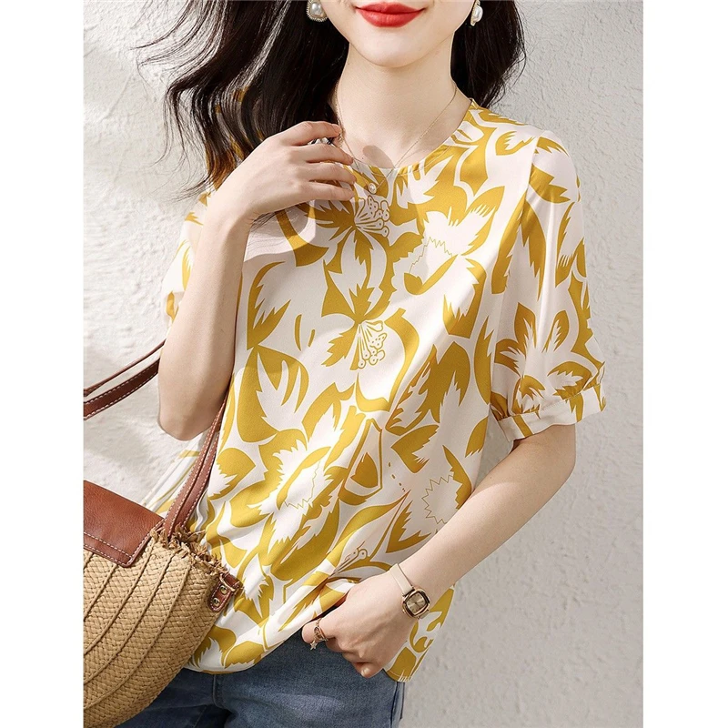 Women\'s Clothing 2023 Summer Korean Fashion Printed Elegant Blouse O Neck Short Sleeve Shirt Chic Sweet Loose Tops Female Blusas