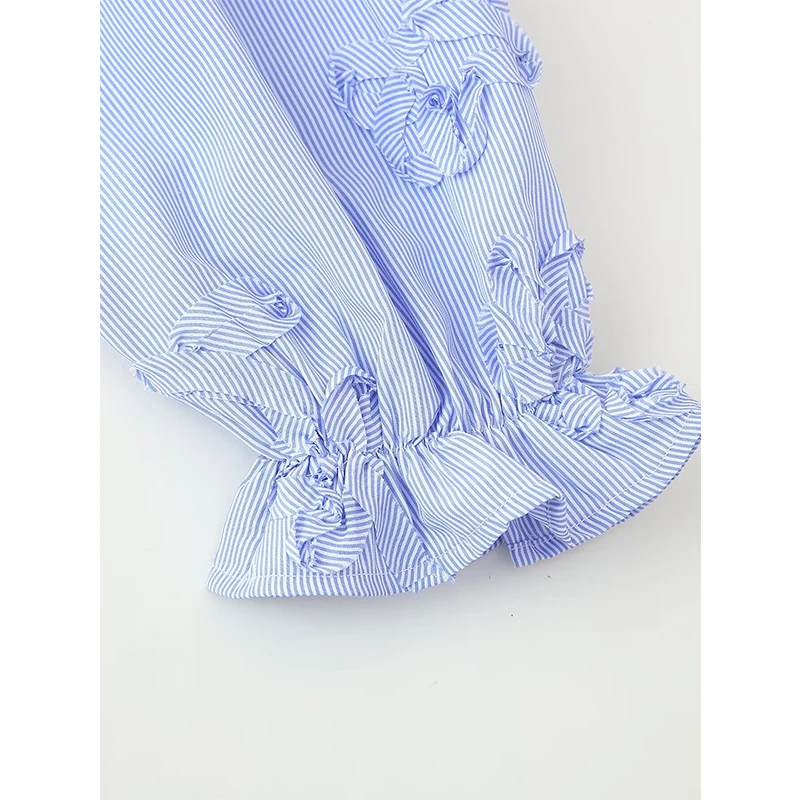 YENKYE 2025 Damesmode Textuur Gestreepte Blauwe Blouse Lange Mouw V-hals Casual Herfst Tops