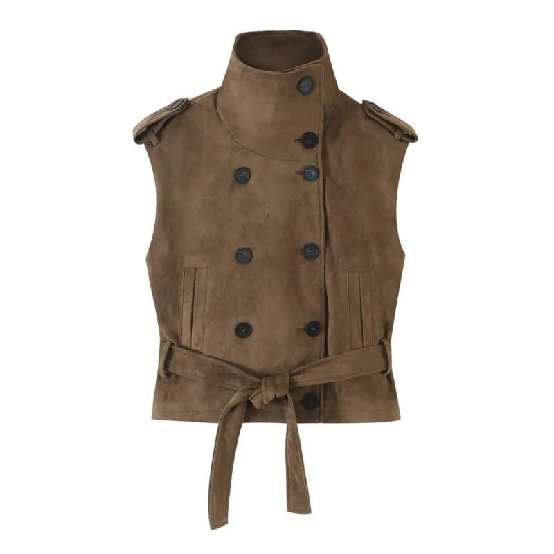 HipSeam Women's Faux Suede Waistcoat With Belted High-Collar Shoulder Tabs Double-Breasted Woman Tank Top Simple Female Tops