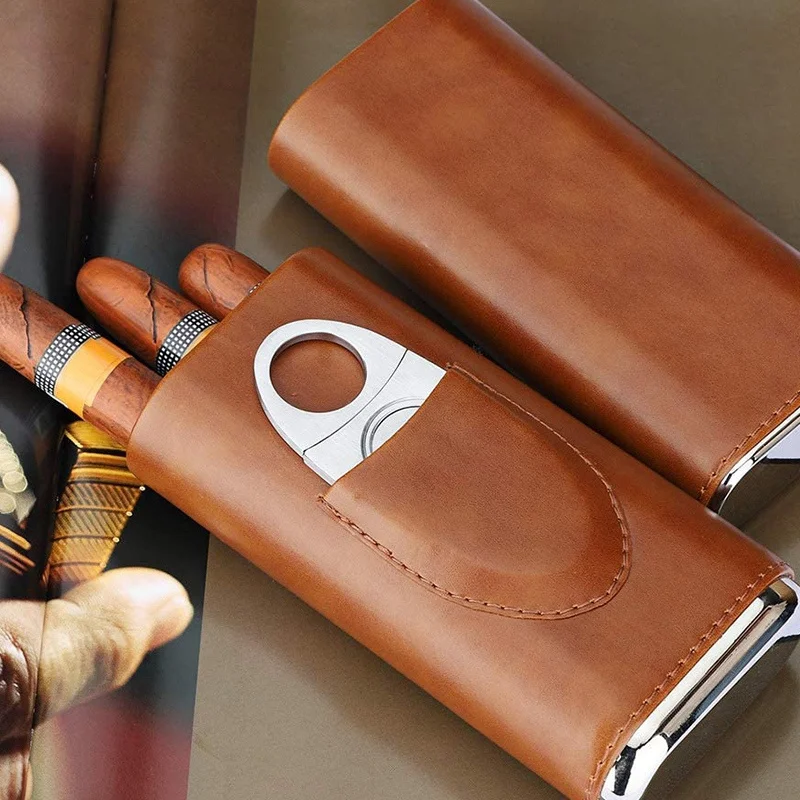 FOCUS-Three-Finger Portable Cigar Humidor, Leather Case with Silver Cigar Cutter, Brown and Black, Two Choices Cowhide Material