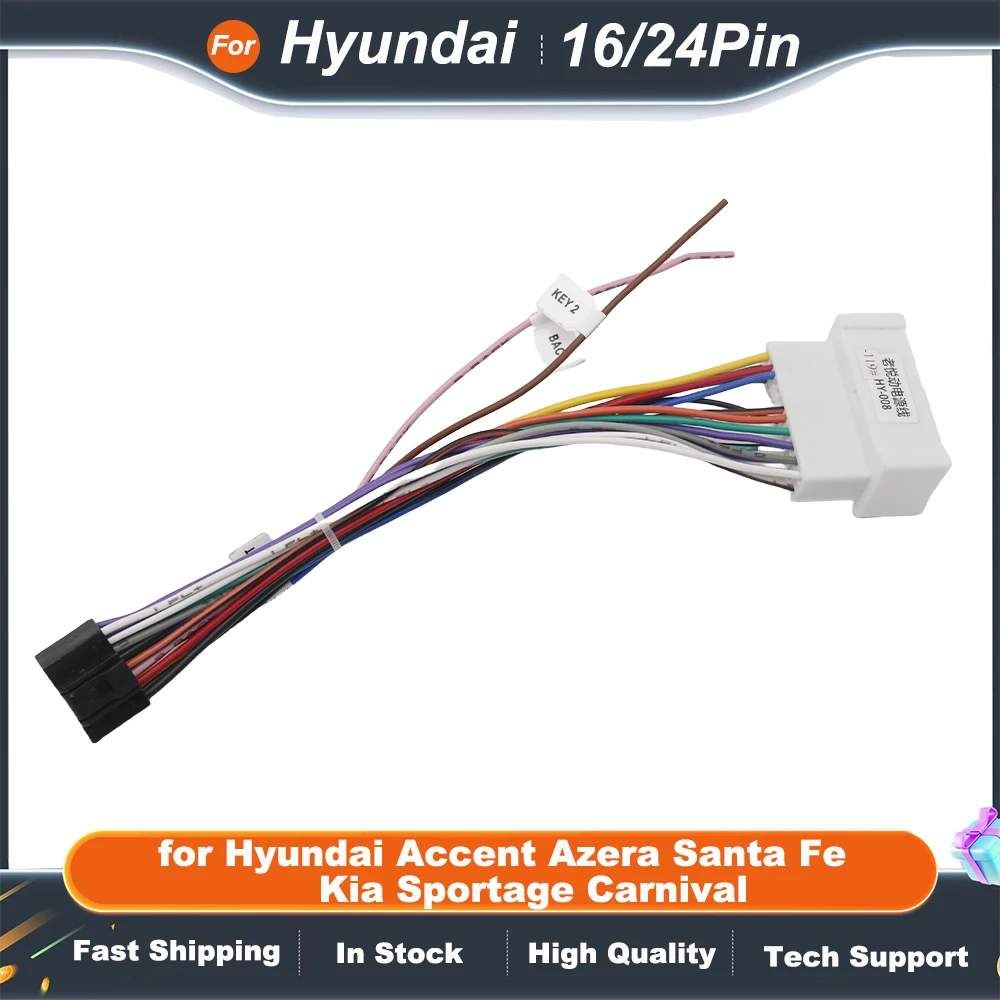 24Pin Radio Wiring Harness 16 Pin Connector Car Android Cable Adapter for Hyundai Accent Azera Santa Fe Kia Sportage Carnival
