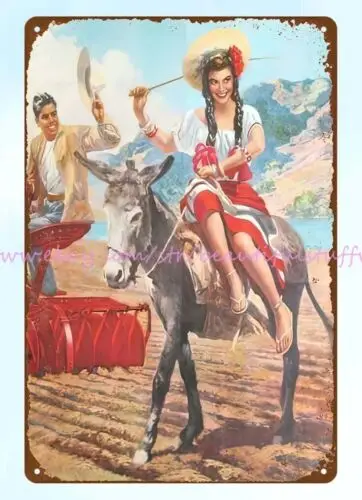 1950s Beautiful Senorita On Donkey Beautiful Art Orig Mexican metal tin sign