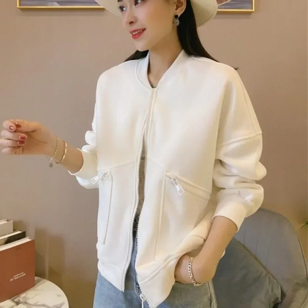 Plain Zip-up Loose Bomber Jacket for Women Offer Luxury Great Elegant Chic Deals Cheap 2025 Trend Baseball Aviator Coat Woman