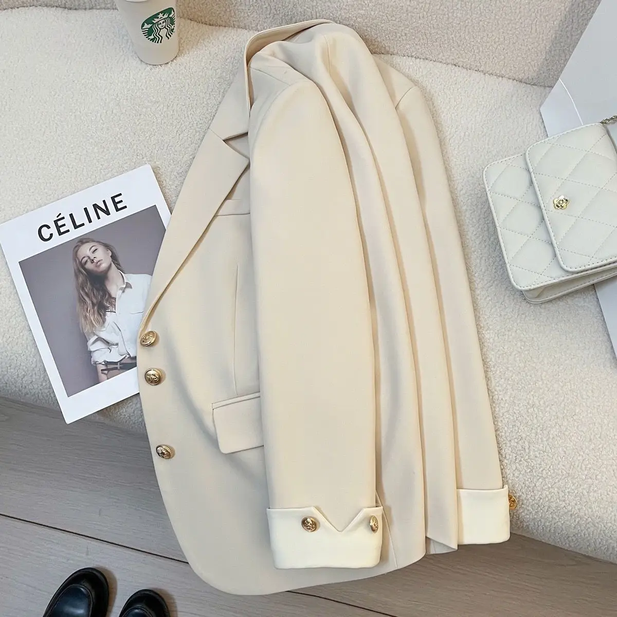 2026 Cream-colored Women's Suit Jacket Spring New Fashion Korean-style Design Niche Blazer Elegant Office Wear Woman