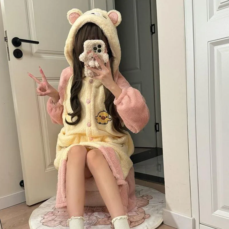 2024 Kawaii Cute Rilakkuma Hooded Pajamas Coral Fleece Nightgown Pants Set Thickened Insulation Autumn Winter Gift for Girls