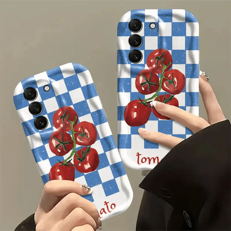 Funda de teléfono con diseño de tomate a cuadros azules para Samsung Galaxy Quantum Wide 8 6 Buddy 4 5 Jump 3 con borde ondulado color crema a prueba de golpes