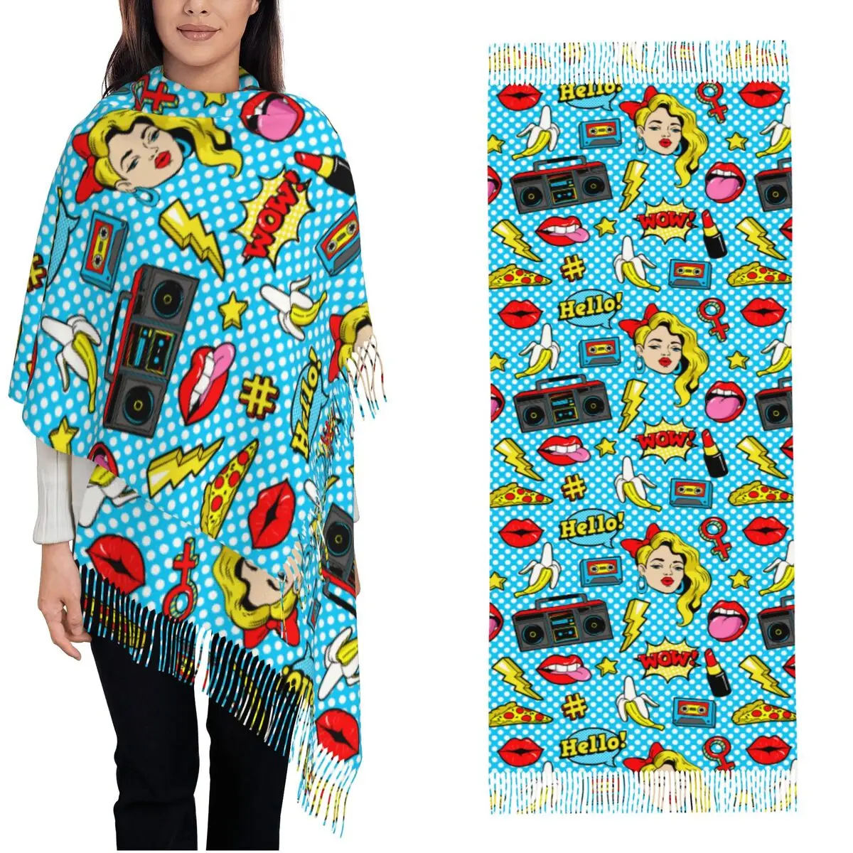 Pop Art การ์ตูนการ์ตูนสไตล์ผ้าพันคอผู้หญิงฤดูใบไม้ร่วงฤดูหนาว Pashmina Shawl Wrap ความงามริมฝีปากยาวผ้าพันคอขนาดใหญ่กับพู่