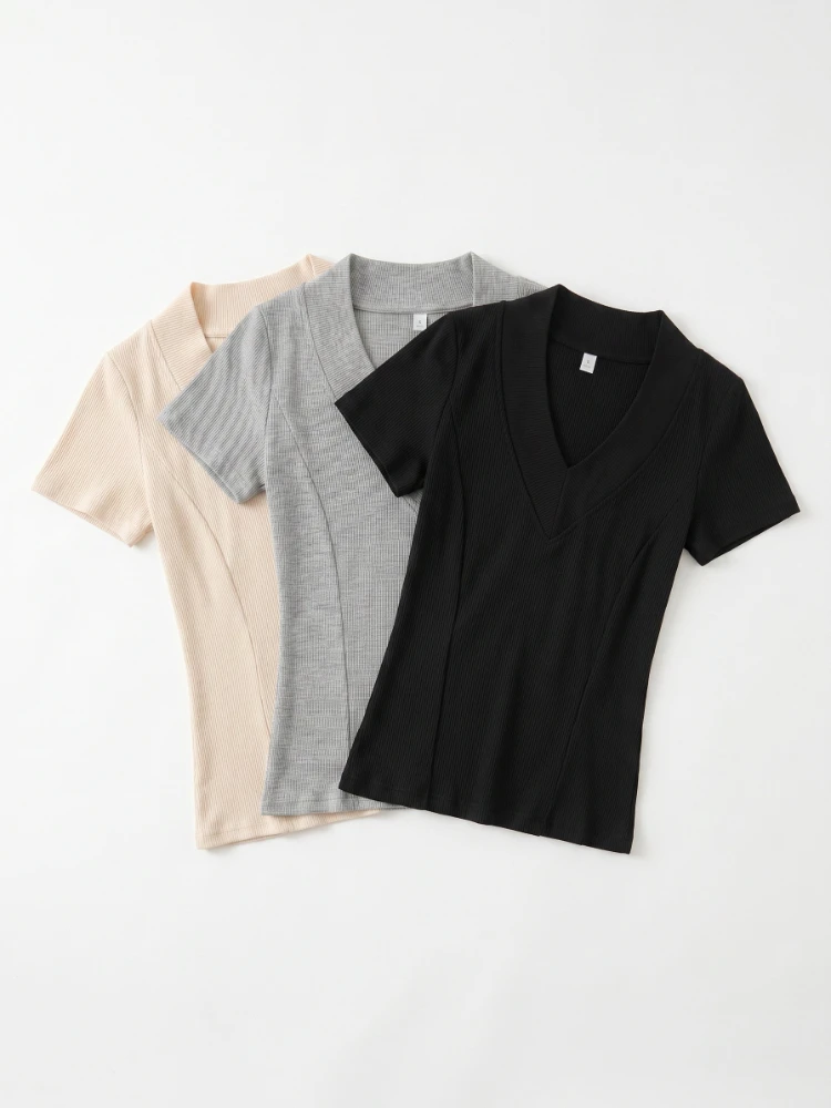 2026 Summer New V-neck Ribbed Knitted Slim Women T-Shirt Korean Casual Versatile Top Basic Elasticity Short Sleeve Tee Shirt