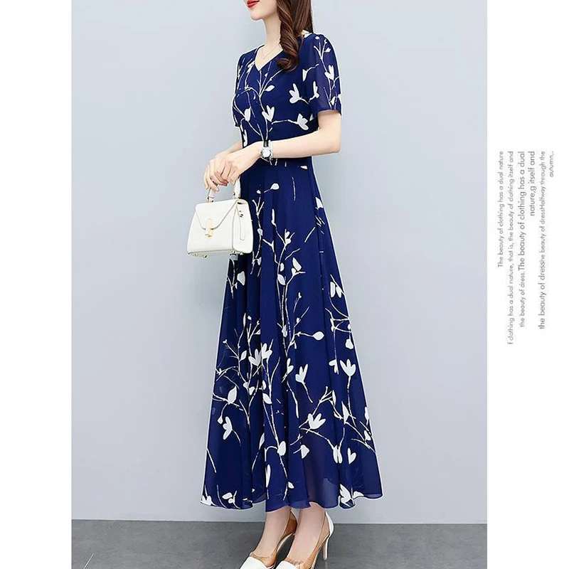 Estate nuova moda elegante Vintage stampa floreale Maxi Robe Femme scollo a v temperamento a-line abiti donna Slim Casual Dress