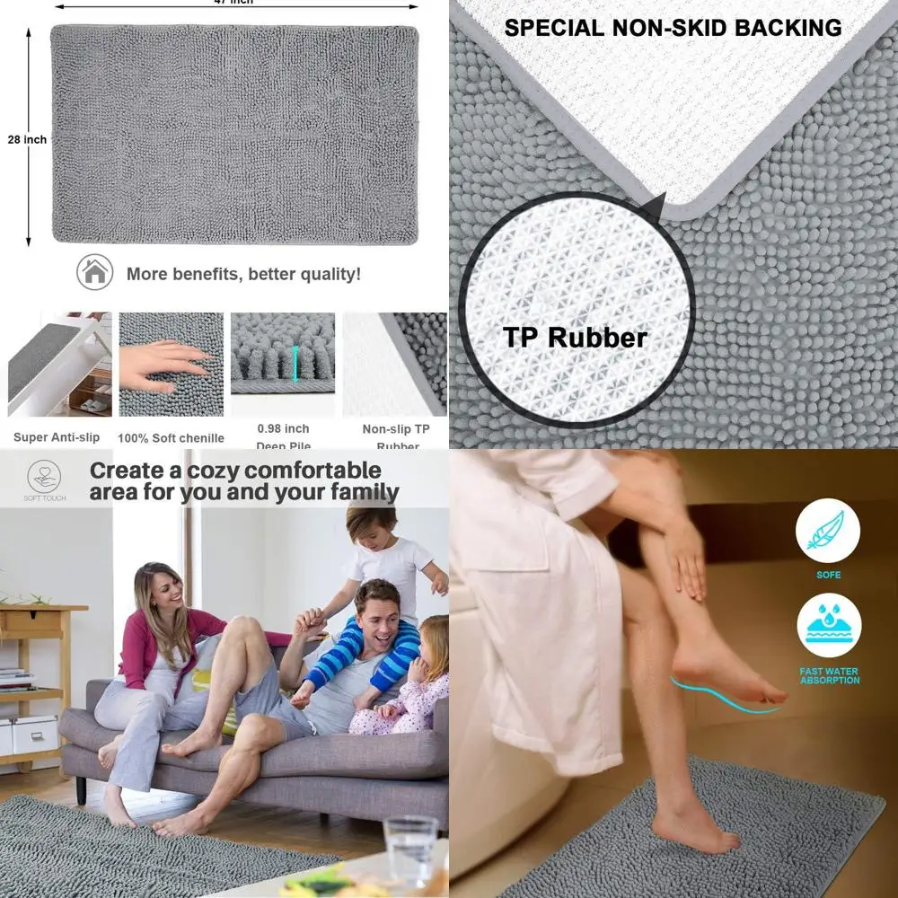 

Extra Soft & Thick Absorbent Bath Rugs, 47x28, Non-Slip Machine Washable Mats for Bathroom, Shower, and Tub, Gray Home Decor Acc