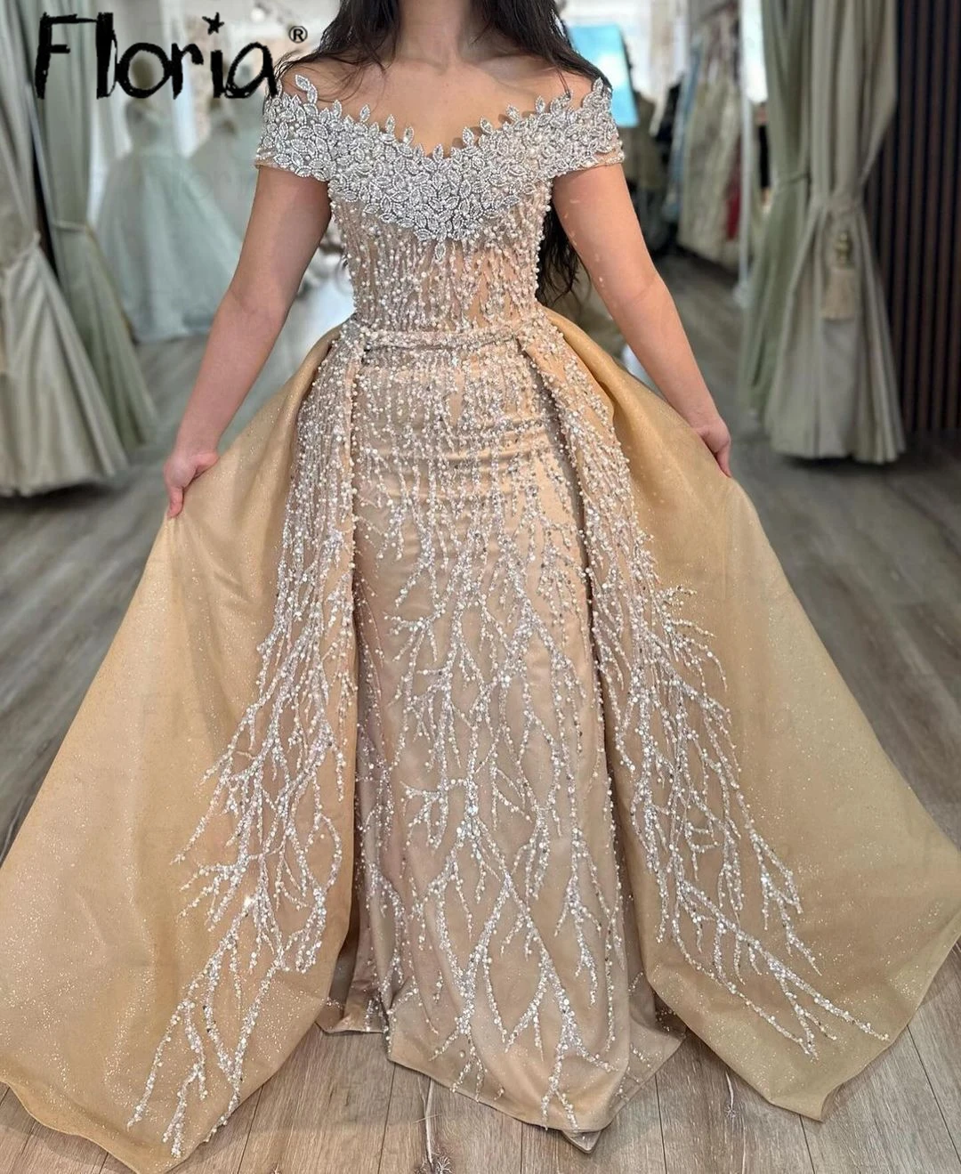 

Floria Luxury Dubai Champagne Gold Mermaid Evening Dress with Detachable Overskirt Off Shoulder Arabic Wedding Party Crystals