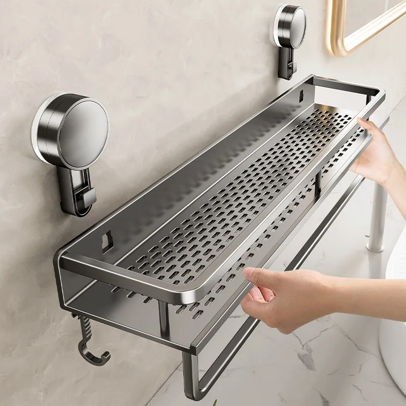 Suction Cup Bathroom Shelf No Drill,  Aluminum Wall Mounted Shower Caddy with Hooks Towel Bar, Rustproof Bath Organizer Rack