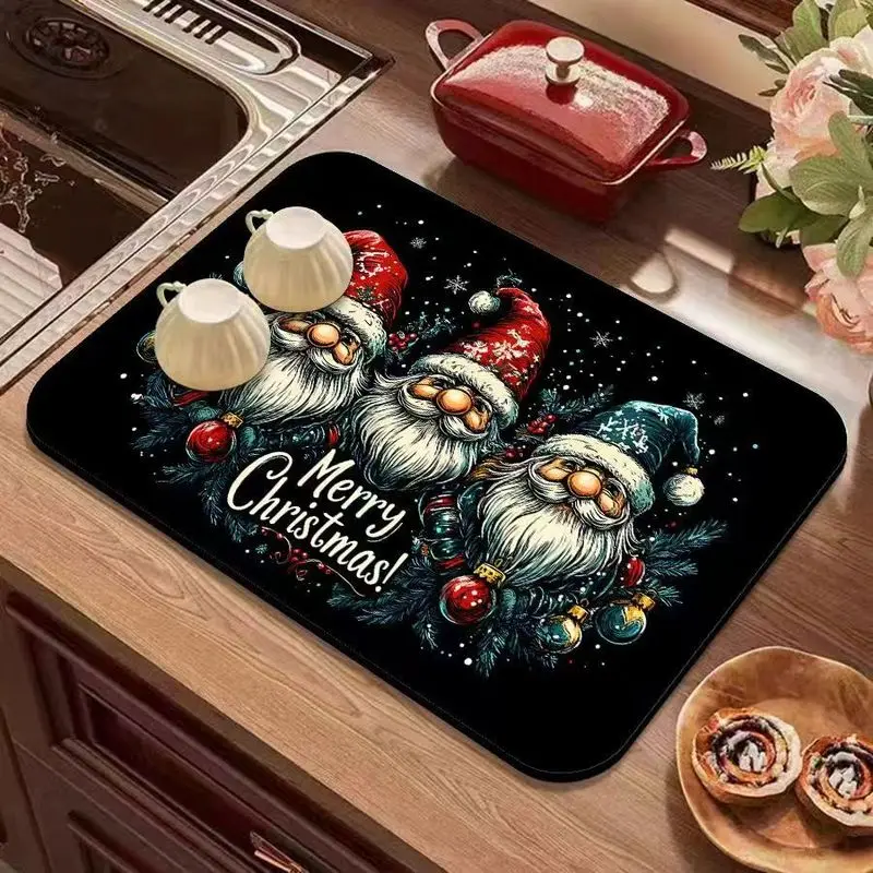 VIKAMA Santa Gnome Dish Drying Mat Black Merry Christmas Non Slip Absorbent Kitchen Counter Pad For Coffee Machine Dish Draining