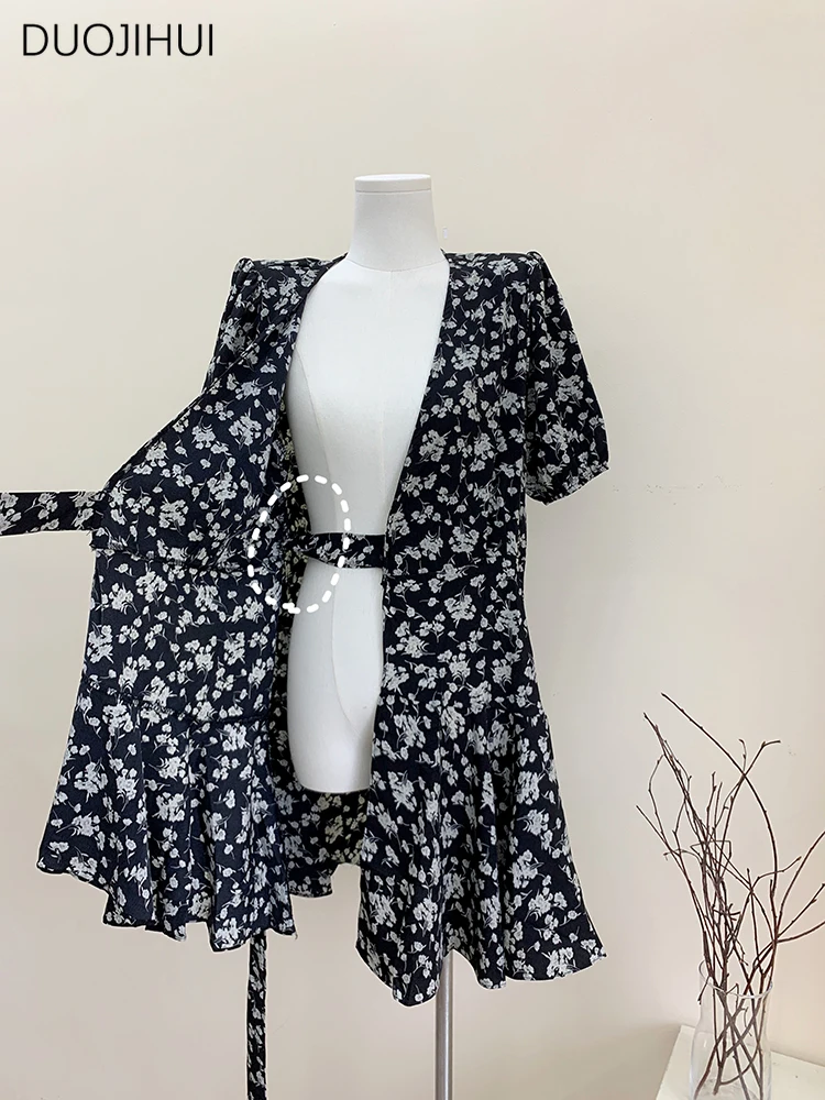 DUOJIHUI-vestidos con estampado Floral para mujer, ropa femenina con cuello en V, Estilo Vintage, elegante, coreano, a la moda, para oficina