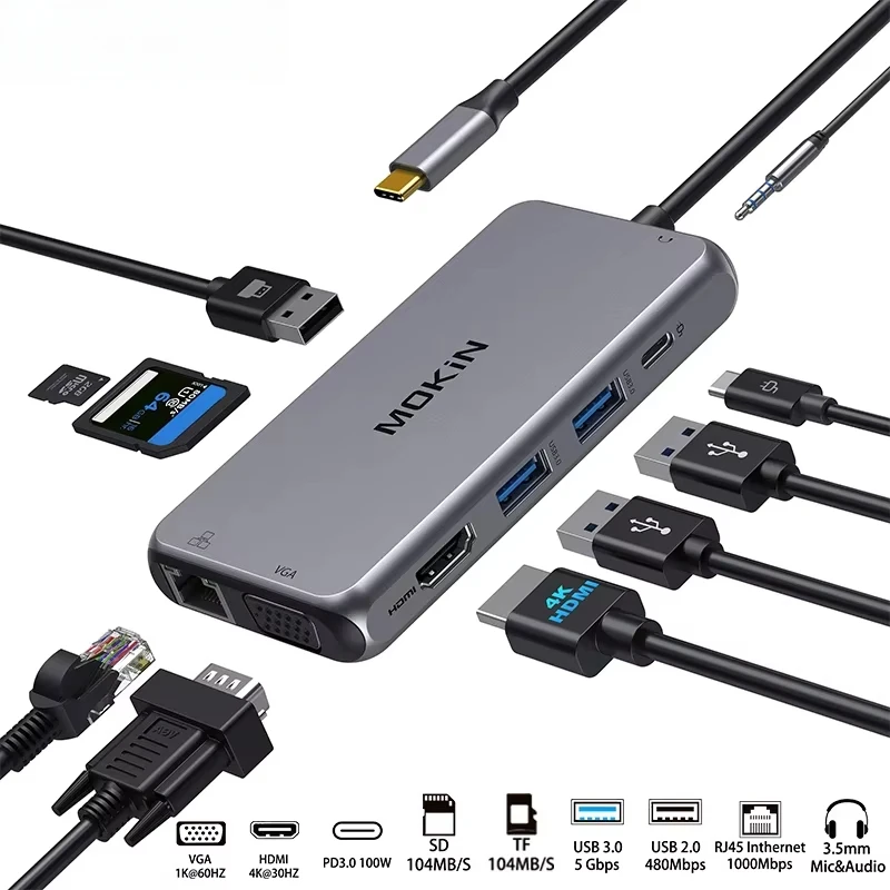 MOKiN 9 in 1 USB C Hub Type C Multiport Adapter HDMI Ethernet VGA PD Port USB 3.0 HUB SD/TF for MacBook Pro Laptops PC Type C