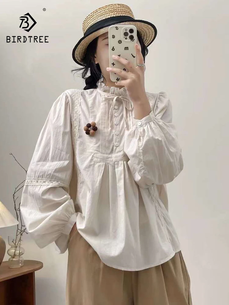 

New 2025 Autumn Cotton Long Sleeve Shirt, Women Stand Ruffles Embroidery, Mori Girl Chic Versatile Loose Doll Blouse T57052CC