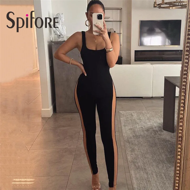 

Spifore Mesh Patchwork Sleeveless Women's Jumpsuits Black Backless One Piece Fitness Sports Activity Workout Overalls Dropship