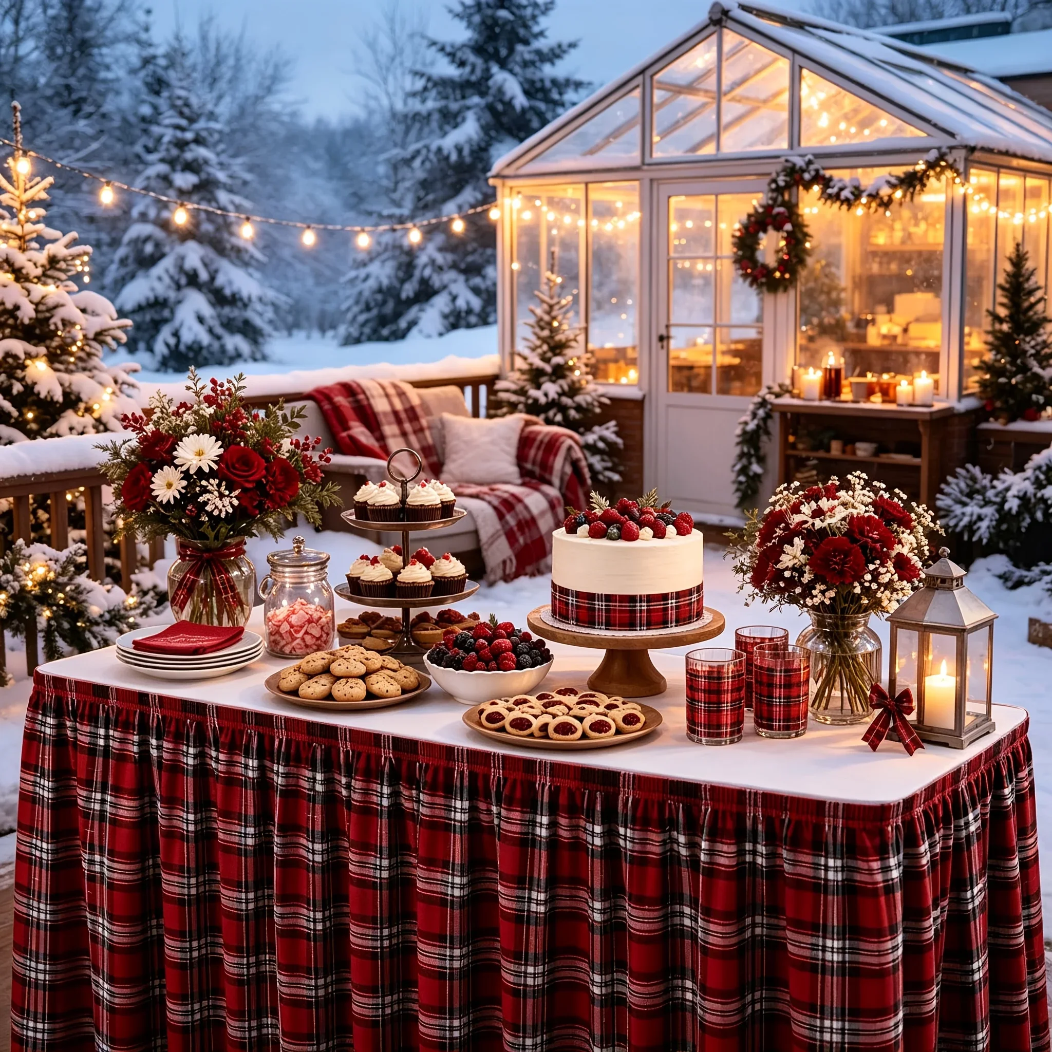 Table skirt: 1 piece. 2D flat printing. Featuring a red and black Christmas check pattern. Classic American festive style. 5