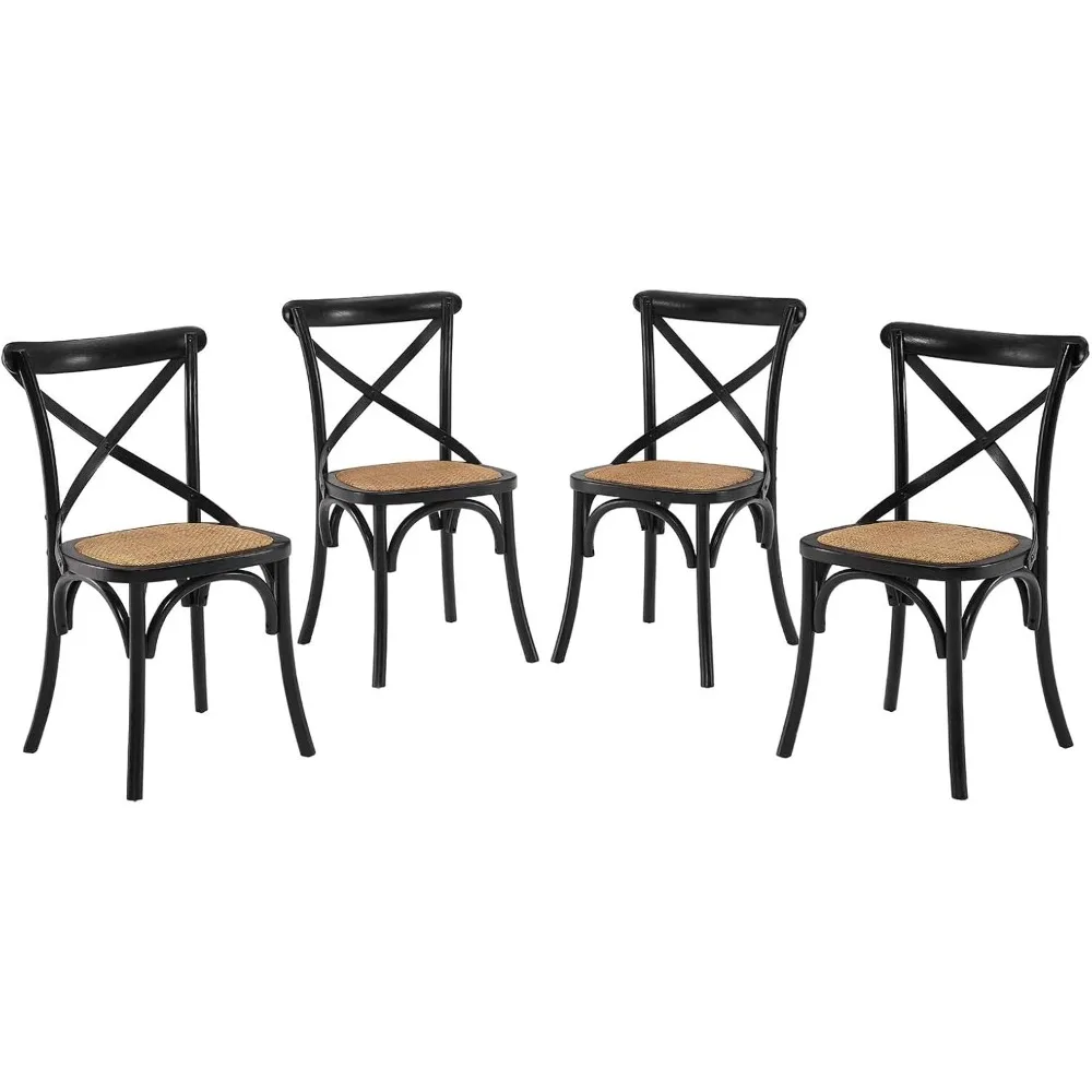 

Gear Rustic Modern Farmhouse Elm Wood Rattan Four Dining Chairs in Black