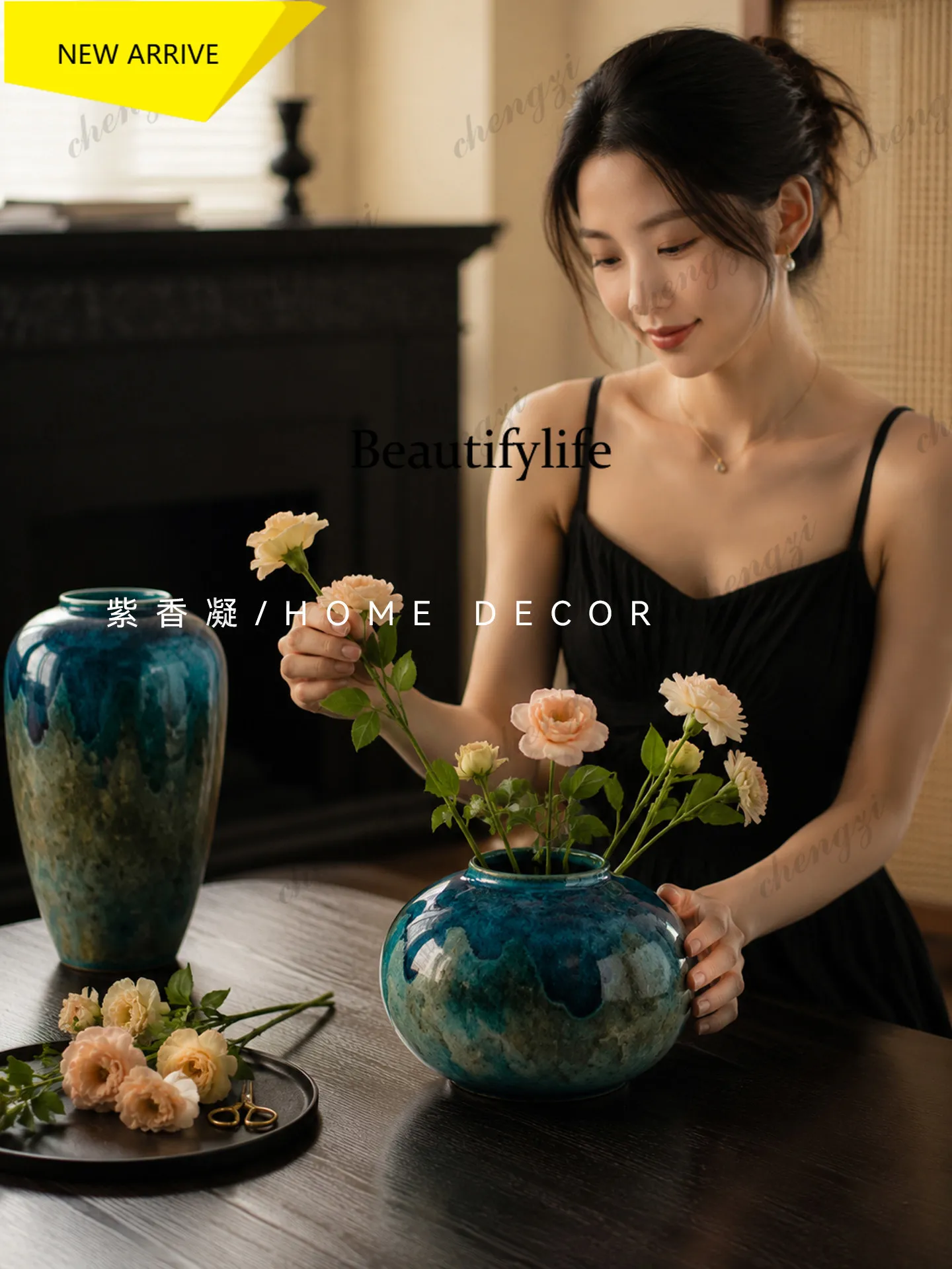 a95 Jingdezhen wabi wind ceramic vase ornament living room flower arrangement new Chinese retro high sense