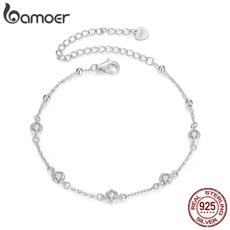 BAMOER 925 Sterling Silver Bezel Setting Starry Moissanite Bracelet Round Beads Chain Link for Women Anniversary Jewelry Gift