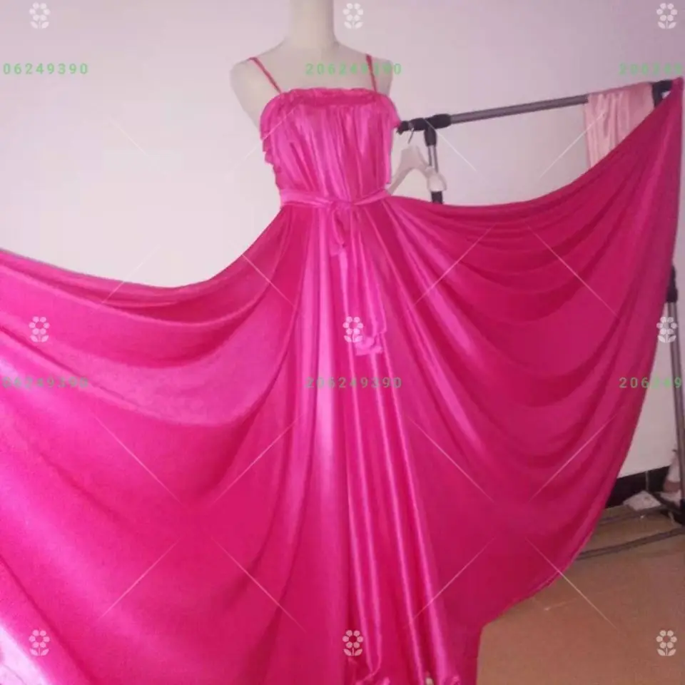 1.5m Skirt Length Glossy Pink Women Ruffles Satin Sleeveless Dress Loose Maxi Dress Plus Size Sleeping Robe