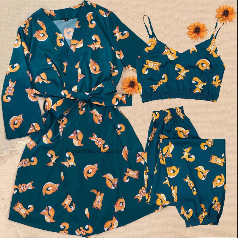 Cartoon Printed Pajamas Set with Robe Women Silk Satin Robe&Sleepwear Nightwear Pijamas V-neck Homewear Clothes Loungewear 3pcs
