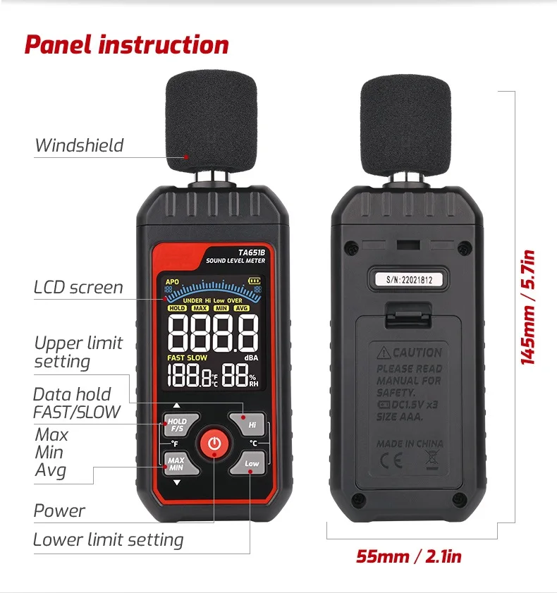 TA651B Digital Noise Meter 30-130dBA Range ±1.5dB Accuracy Sound Level Detector With Humidity Sensor Black ABS Case For Industri