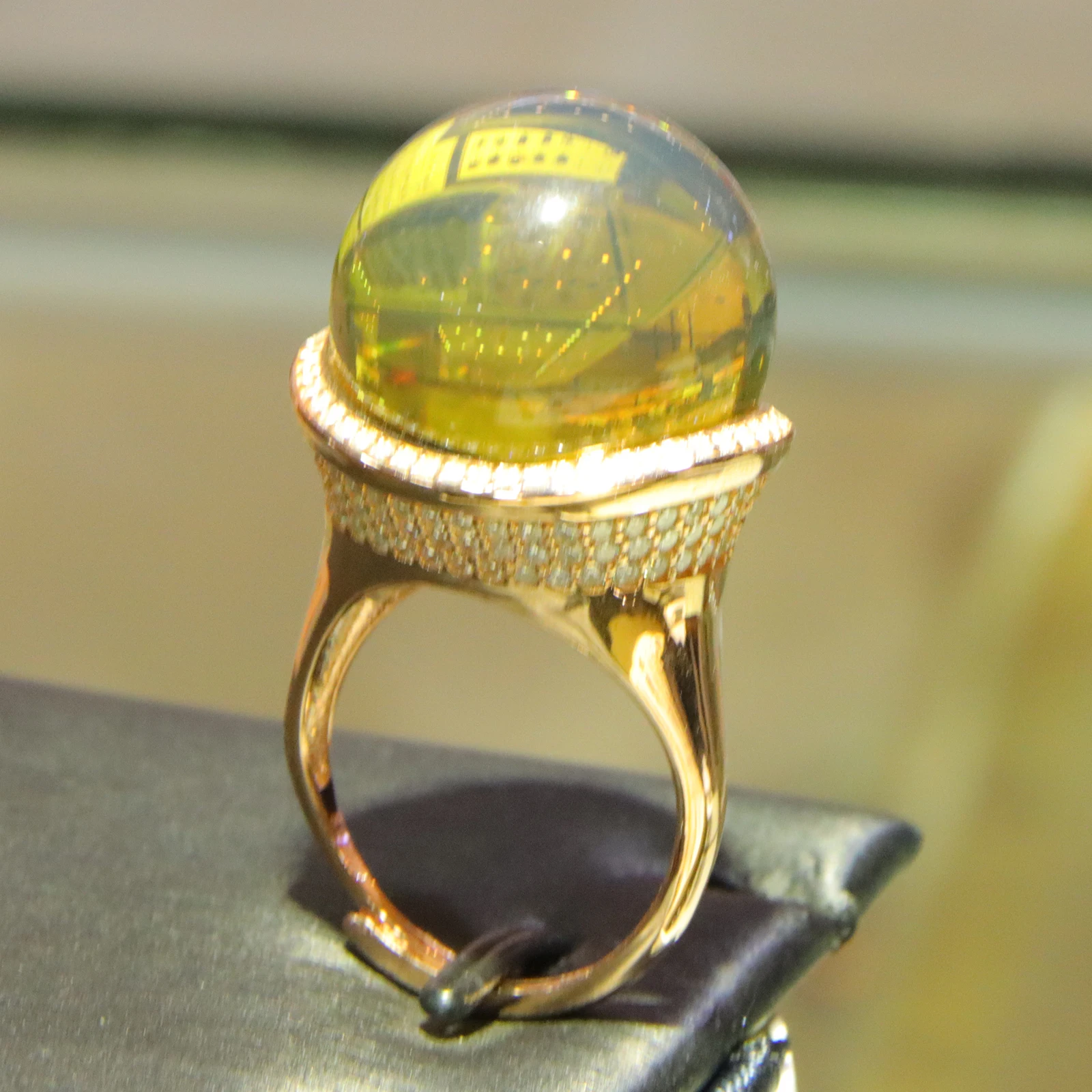 Anniversary Gift! 20mm Color Change Blue Amber Ring Gold Plated w/ Diamonds Adjustable Ring for Her