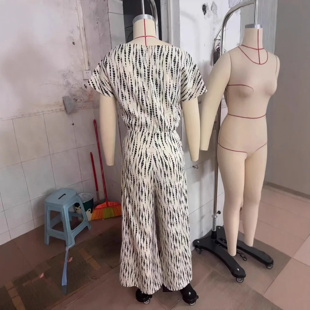 Jumpsuit Women One Piece Wide Leg Pants Stripe Print Lace Up Short Sleeve Floor Length Jumpsuits Female Summer Office Lady 2025