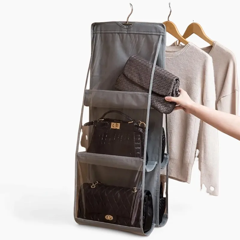 

6 Pocket Hanging Handbag Organizer For Wardrobe Closet Gray Waterproof Storage Bag Door Wall Clear Sundry Bag With Hanger Pouch