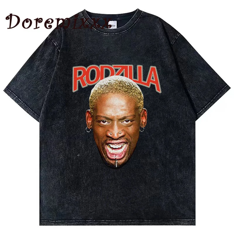 

Washed Tees RODMAN T-SHIRT Men Vintage Rap Tee Punk Gothic Fashion T-Shirt Cotton Short Sleeve Summer Oversized T-Shirt Women