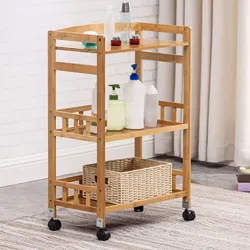 3-Tier Mobile Serving Cart Kitchen Storage Rack Serving Wheelcart Rolling Serving Carts Bamboo 65kg Load