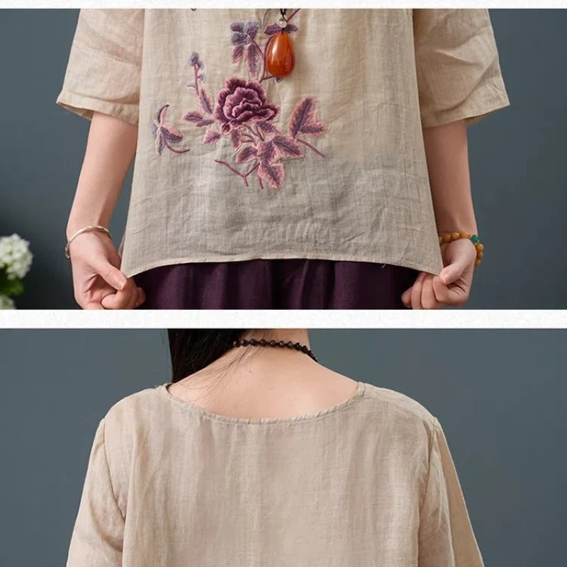 Vintage Chinese Style Elegant Summer New Women\'s O-Neck Cotton Hemp Embroid Fashion Ethnic Style Versatile 3/4 Sleeve Loose Tops