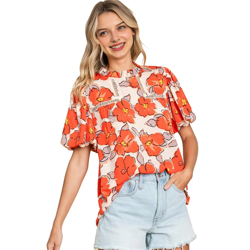 

CYL-Women's Summer Shirt Crew Neck Floral Puff Short Sleeve Casual Loose Fit Beach Top