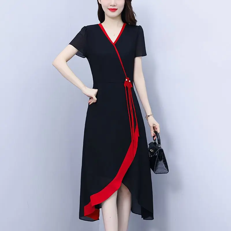 Large French Socialite Chiffon Knee Length Skirt for Women's Summer New Slimming and Fashionable Color Blocking Irregular Dress