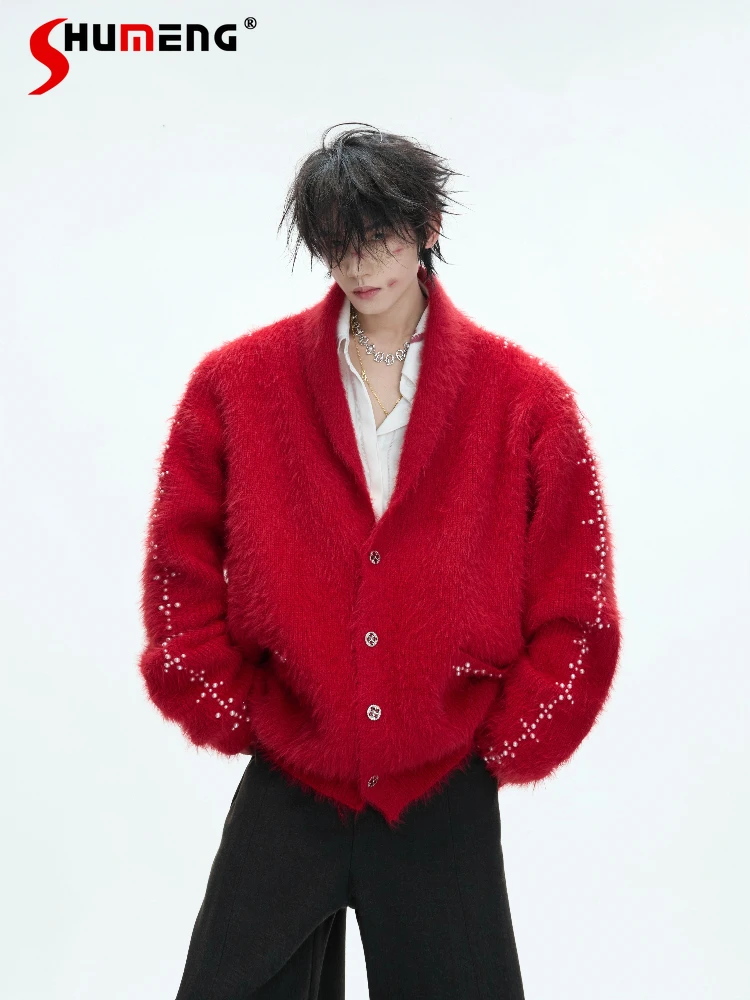 

Men's 2025 Winter New Faux Mink Fur Cardigan Knitted Sweaters Warm Thick Solid Color Long Sleeve Sweaters Unique Knitted Tops