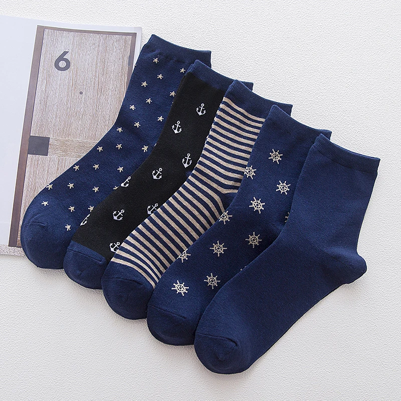 5 Pairs Men Socks Navy Colors Spring Autumn Solid Stripe Anchor Star Rudder Cotton Socks Business Casual Sport Sokken Dropship