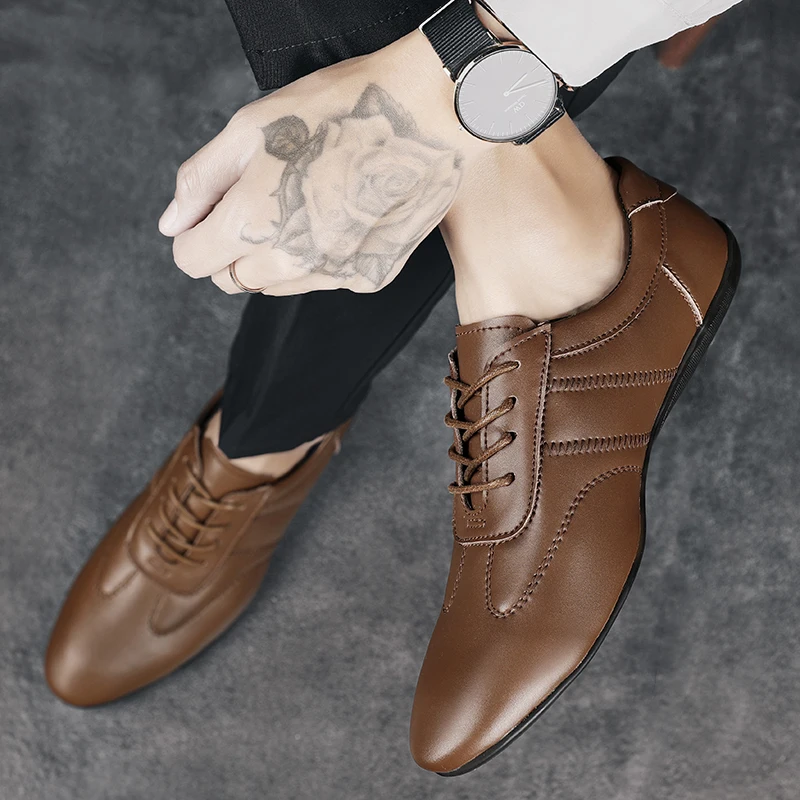

Spring New Men's Comfortable Pointed Lace Up Casual Cowhide Leather Shoes Fashionable Outdoor Breathable Anti Slip Casual Shoes