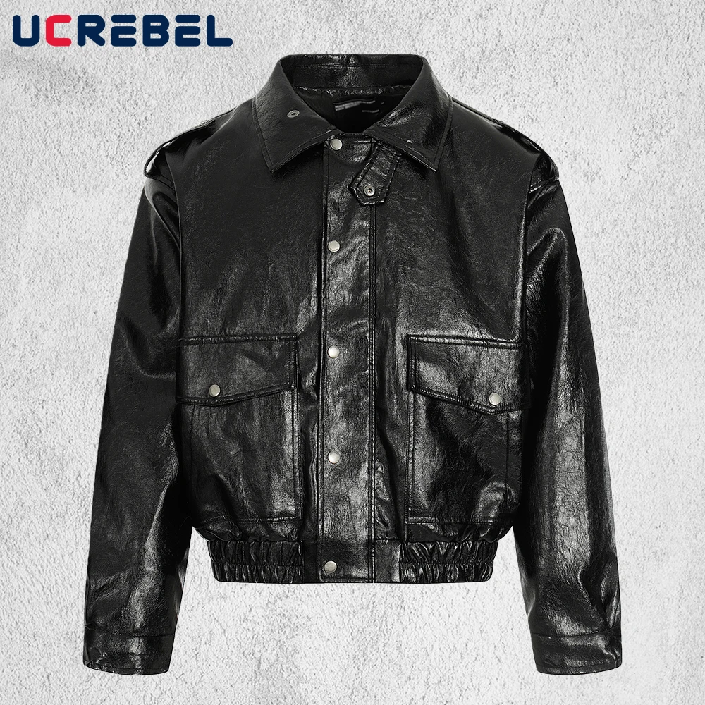 

Ретро карманная мотоциклетная куртка мужская однотонная зимняя толстая уличная стеганая куртка с лацканами и длинными рукавами из искусственной кожи мужская