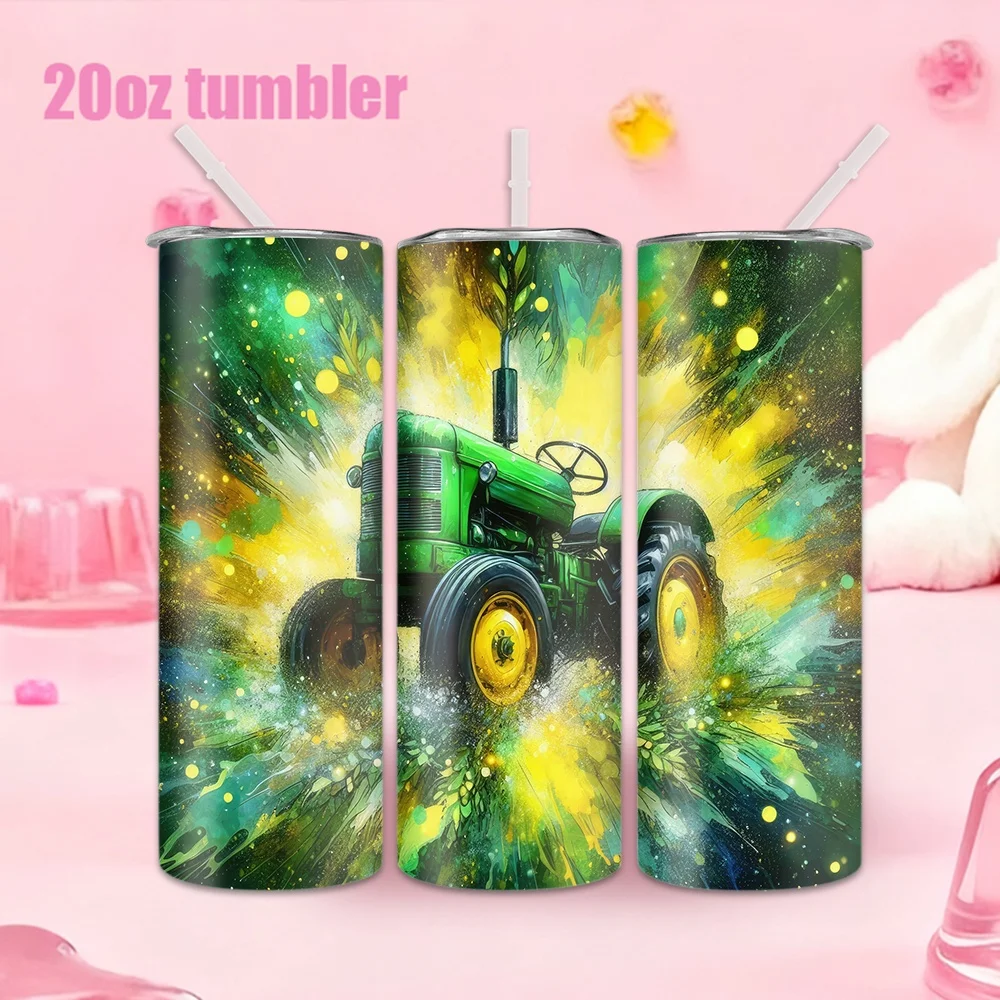 1pc Stainless Steel Water Bottle/Tumbler with Green Tractor Galloping in the Sunlight Pattern — 20oz (591ml) — Includes Straw