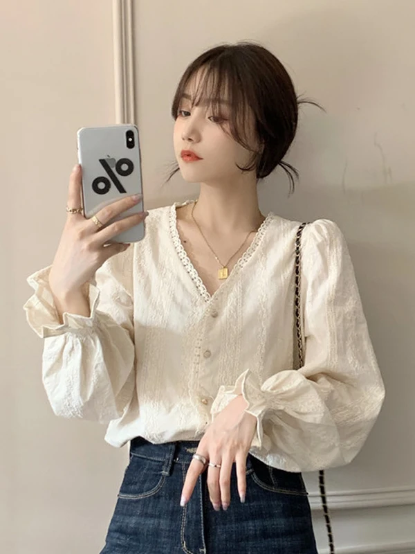 

Soft Sle Long Sve Women's irt Spring Autumn Outerwear Versatile Ele Design Commute Loose Fit Button Detail Pure Color