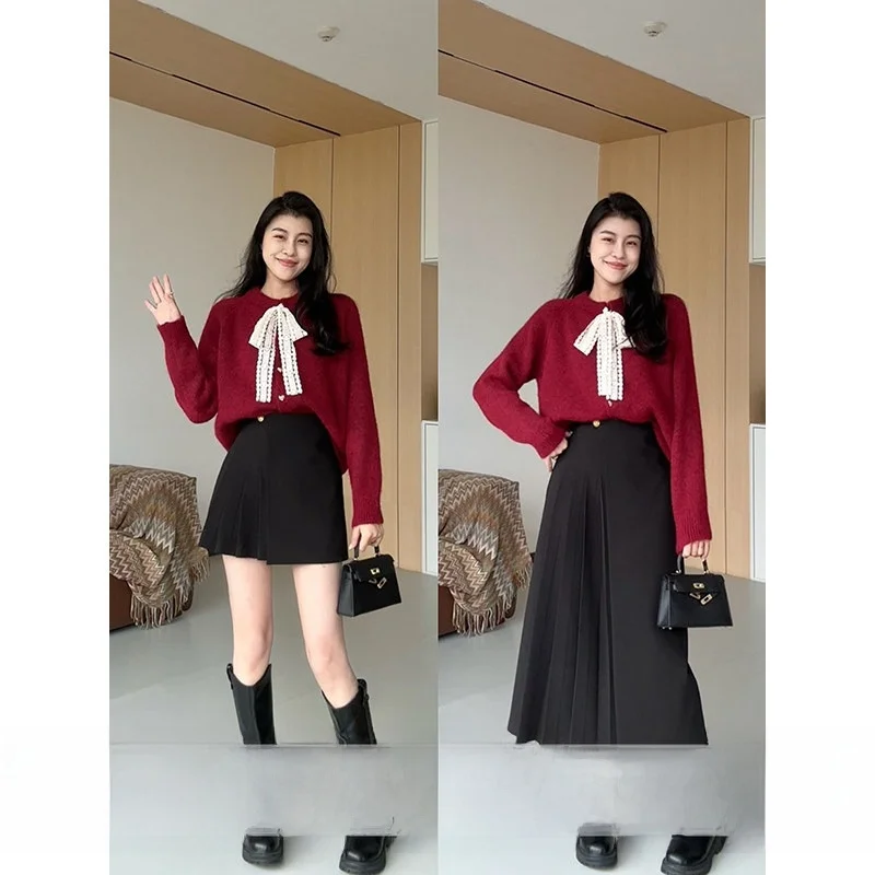 

Комплект из свитера и юбки с высокой талией и кружевным узором Zhang a Xing Red Wine Estate для женщин, зимний модный ансамбль