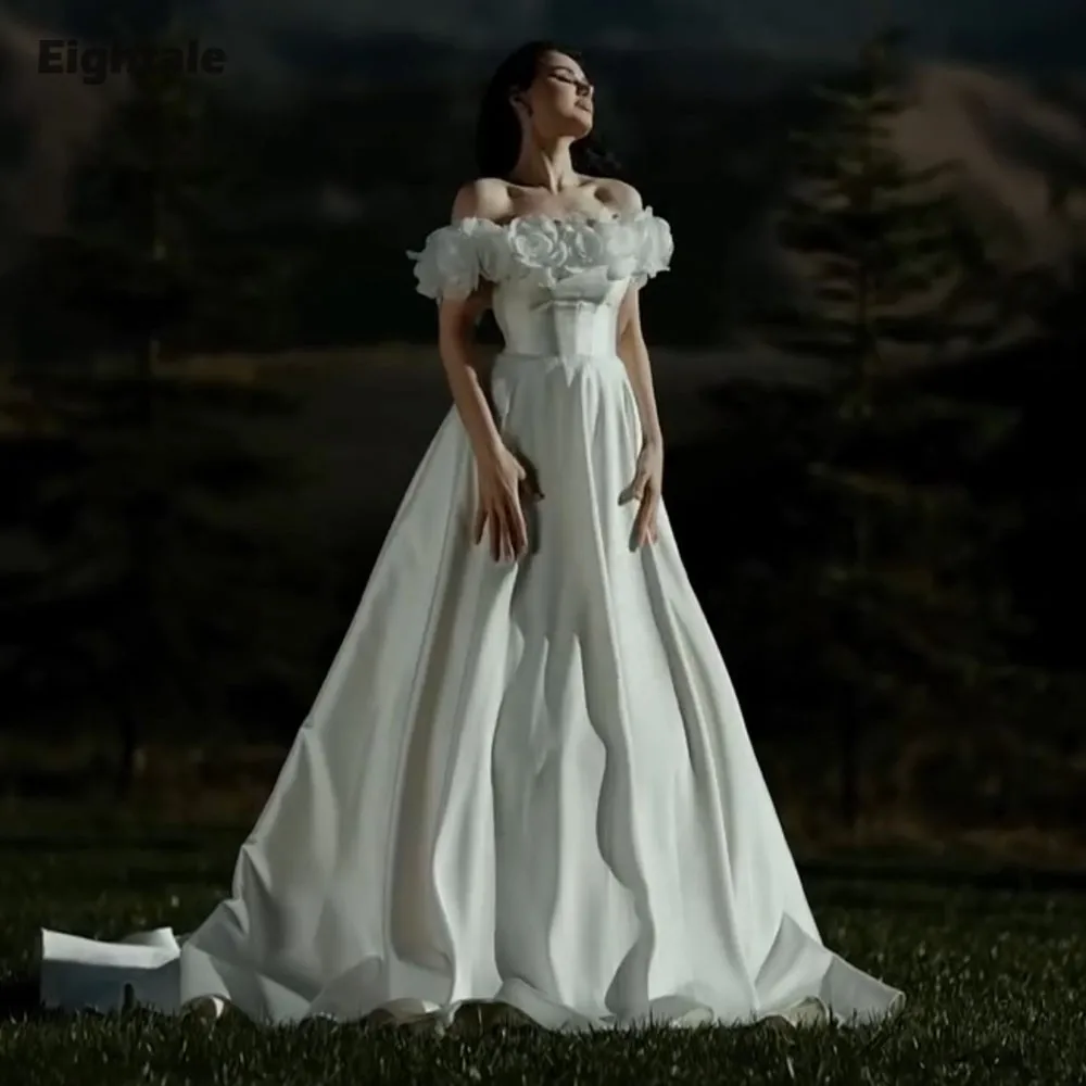 

Eightale арабское свадебное платье на заказ цвета слоновой кости без бретелек свадебное платье 3D цветы с открытыми плечами мусульманское трапециевидное вечернее платье невесты