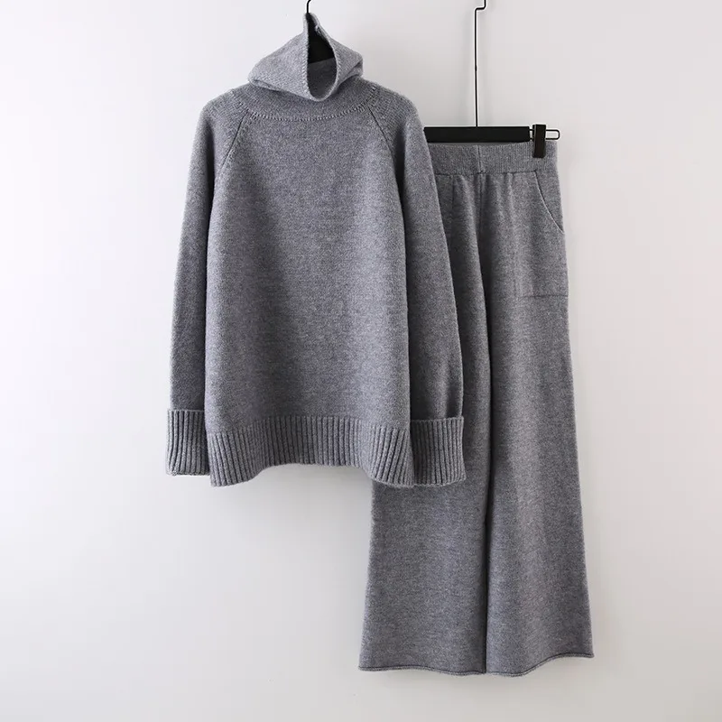 

Casual Loose Knitted Set Autumn/Winter Women's Suit Korean Edition Thick High Neck Sweater+Elastic Waist Pant 2-piece Set Ladies
