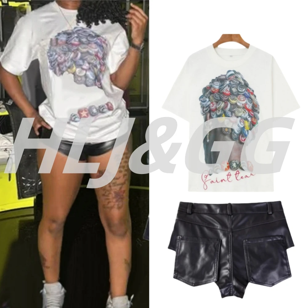 

HLJ&GG Fashion Pattern Print Cotton Loose Tshirts Two Piece Sets Women Round Neck Top + Leather Shorts Outfits Summer Streetwear