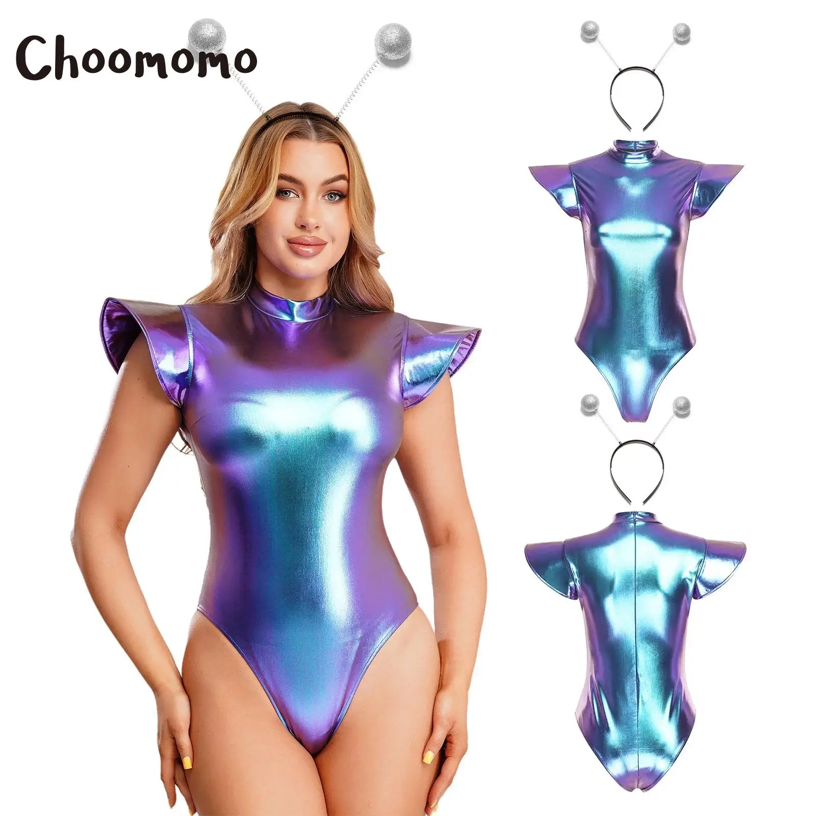 

Women Halloween Alien Robot Cosplay Jumpsuit Metallic Shiny Bodysuit +Headwear Fly Sleeve Back Zipper Leotard Future World Party
