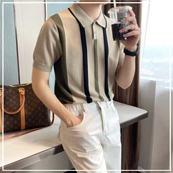 2024 Summer Fashion Trend British Style Casual Business Polo Collar Stripe Contrasting Ice Silk Short Sleeved T-shirt for Men