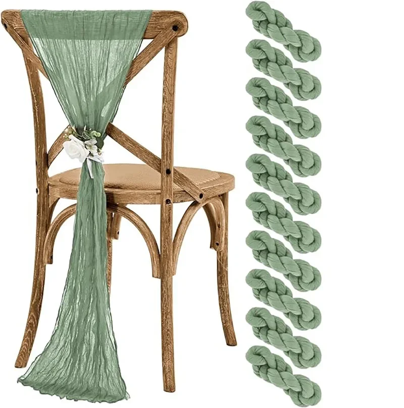 

10pcs Sage Green Cheesecloth Chair Sashes Rustic Bowknot Designed Chair Cover for Wedding Banquet Party Chair decor 40X275cm