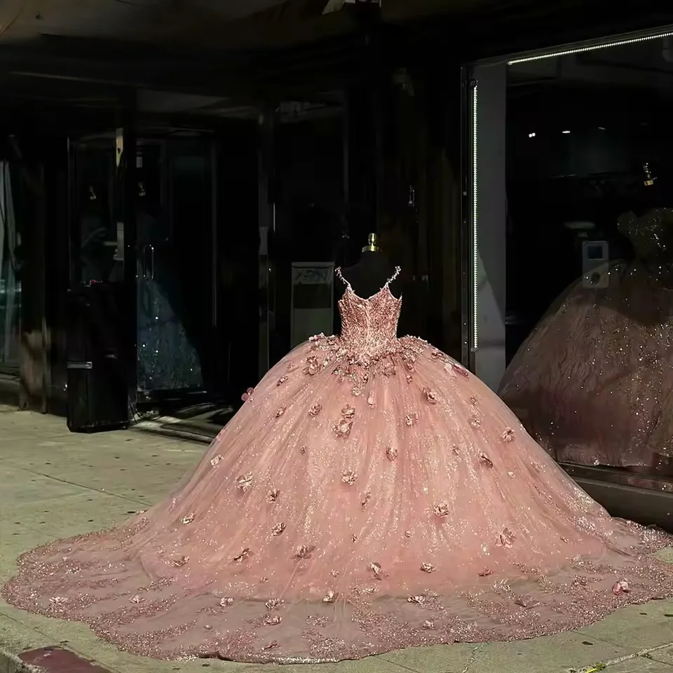 Pink Quinceanera Dresses Ball Gown Spaghetti Straps Floral Sweet 16 Dresses 15 Años Mexican Customized